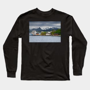 Wooden Buildings and Mountains in Alesund Norway Long Sleeve T-Shirt